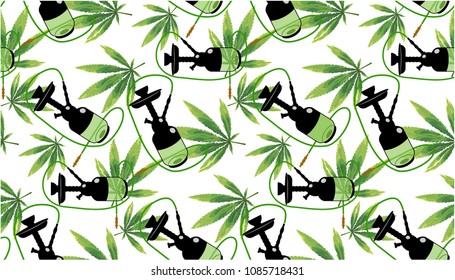 Marijuana Frame Green Leaf and black marijuana hookah seamless pattern. Cannabis marijuana hemp leaf in white color Vector Illustration background.