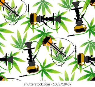 Marijuana Frame Green Leaf and black marijuana hookah seamless pattern. Cannabis marijuana hemp leaf in white color Vector Illustration background.