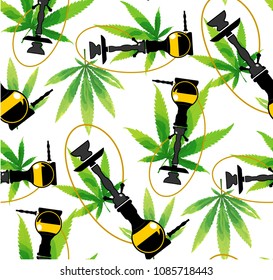 Marijuana Frame Green Leaf and black marijuana hookah seamless pattern. Cannabis marijuana hemp leaf in white color Vector Illustration background.