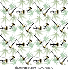 Marijuana Frame Green Leaf and black marijuana hookah seamless pattern. Cannabis marijuana hemp leaf in white color Vector Illustration background.