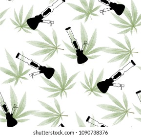Marijuana Frame Green Leaf and black marijuana hookah seamless pattern. Cannabis marijuana hemp leaf in white color Vector Illustration background.