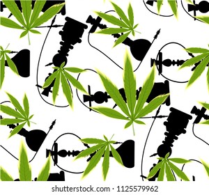 Marijuana Frame Green Leaf and black marijuana hookah seamless pattern. Cannabis marijuana hemp leaf in white color Vector Illustration background.