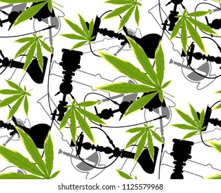 Marijuana Frame Green Leaf and black marijuana hookah seamless pattern. Cannabis marijuana hemp leaf in white color Vector Illustration background.