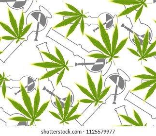 Marijuana Frame Green Leaf and black marijuana hookah seamless pattern. Cannabis marijuana hemp leaf in white color Vector Illustration background.