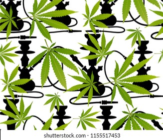 Marijuana Frame Green Leaf and black marijuana hookah seamless pattern. Cannabis marijuana hemp leaf in white color Vector Illustration background.