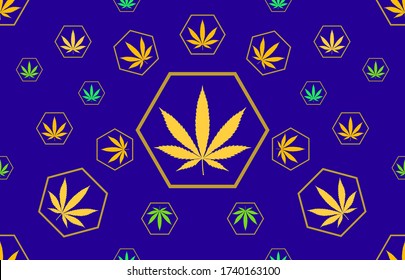 Marijuana Frame Green Leaf and Golden marijuana seamless pattern. Cannabis marijuana hemp leaf Vector Illustration background for textile. Cannabis green and golden leaves seamless marijuana pattern.