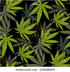 Marijuana Green Leaf and black drawing marijuana seamless pattern. Cannabis marijuana hemp leaf in white color Vector Illustration background.