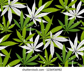 Marijuana Green Leaf and black drawing marijuana seamless pattern. Cannabis marijuana hemp leaf in white color Vector Illustration background.