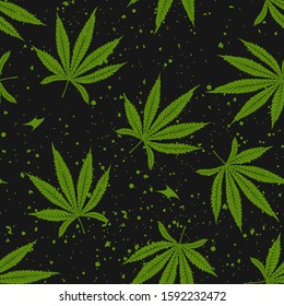 Marijuana Green Leaf and black marijuana hookah seamless pattern. Cannabis marijuana hemp leaf vector Illustration background.