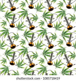Marijuana  Green Leaf and  hookah seamless pattern. Cannabis marijuana hemp leaf in white color Vector Illustration background.