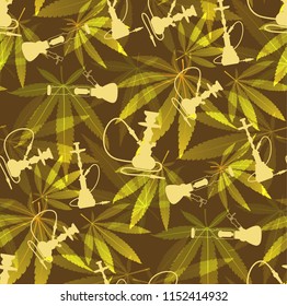 Marijuana Green Leaf and hookah seamless pattern. Cannabis  hemp leaf in dark color Vector Illustration background.