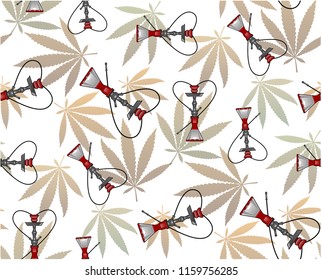 Marijuana  Green Leaf and hookah seamless pattern. Cannabis hemp leaf on dark color Vector Illustration background.