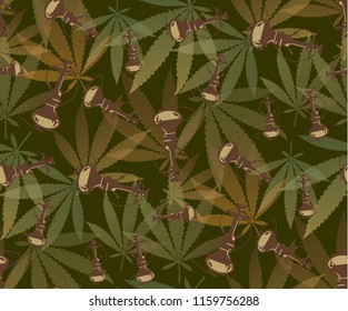 Marijuana  Green Leaf and hookah seamless pattern. Cannabis hemp leaf on dark color Vector Illustration background.