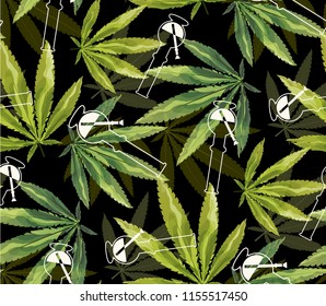 Marijuana  Green Leaf and white hookah seamless pattern. Cannabis hemp leaf on dark color Vector Illustration background.
