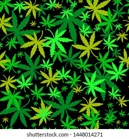 Marijuana green on black background, seamless pattern, vector