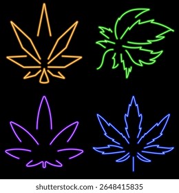 Marihuana grupo de iconos de neón, Ilustración vectorial sobre fondo negro.