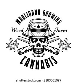 Marijuana growing farm vector emblem, badge, label or logo with skull in bucket hat and two crossed weed jointsin. Illustration in vintage monochrome style isolated on white background