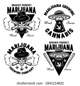 Conjunto de cuatro emblemas vectoriales, insignias, etiquetas o logos de marihuana con extraterrestres y ufo. Ilustración en el estilo monocromo vintage aislado en el fondo blanco