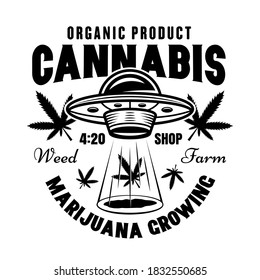 Emblema vectorial de cultivo de marihuana, placa, etiqueta o logotipo con ufo. Ilustración en el estilo monocromo vintage aislado en el fondo blanco