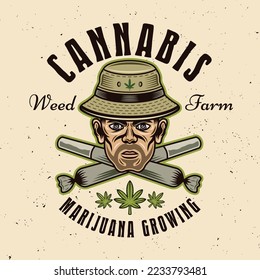 Marijuana growing vector emblem, badge, label or logo with stoner head in bucket hat and two crossed weed joints. Illustration in colorful style isolated on light background