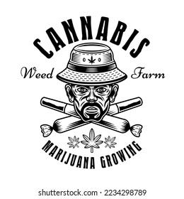 Marijuana growing vector emblem, badge, label or logo with stoner head in bucket hat and two crossed weed joints. Illustration in vintage monochrome style isolated on white background