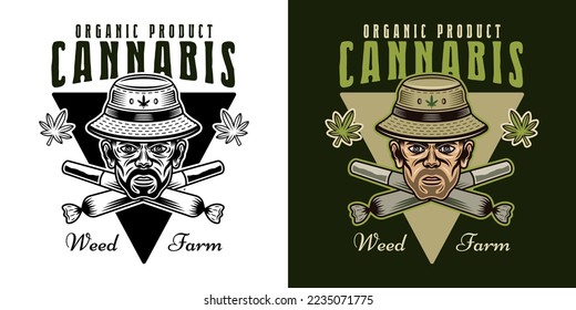 Marijuana wachsendes Vektorsymbol, Abzeichen, Etikett oder Logo mit Stoner Kopf in Eimer Hut und zwei gekreuzte Unkrautgelenke zwei Stile schwarz auf weißem und bunter auf dunklem Hintergrund