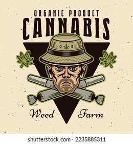 Marijuana wachsen Vektorsymbol, Abzeichen, Etikett oder Logo mit Stoner Kopf in Eimer Hut und zwei gekreuzten Unkrautgelenken. Illustration in buntem Stil einzeln auf hellem Hintergrund