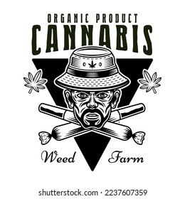 Marijuana wachsen Vektorsymbol, Abzeichen, Etikett oder Logo mit Stoner Kopf in Eimer Hut und zwei gekreuzten Unkrautgelenken. Illustration im vintage-monochromen Stil einzeln auf weißem Hintergrund