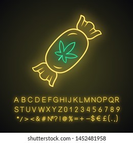 Marijuana hard candy neon light icon. Weed product. Cannabis industry. CBD lollipop. Relaxing sweetmeat. Hemp sweets. . Glowing sign with alphabet, numbers and symbols. Vector isolated illustration