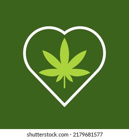 Marijuana in heart vector on green background. Marijuana for medical.