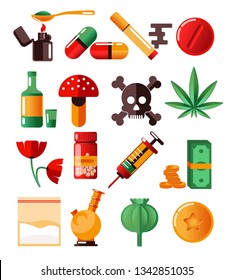 Marijuana And Heroine Drugs Addiction Cocaine And Ecstasy Vector Pills And Poppy Seeds Hallucinogenic Mushrooms Syringe And Cigarette Inhaler Death And Disease Risk Money Spoon And Lighter Medication