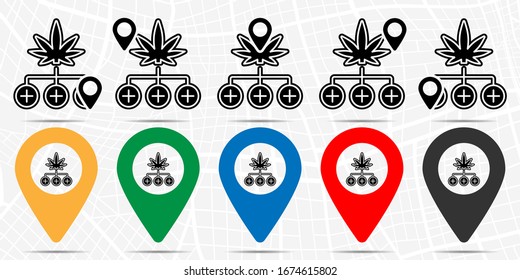 Marihuana, icono en el conjunto de ubicaciones. Glifo simple, elemento de ilustración plana de iconos temáticos de marihuana