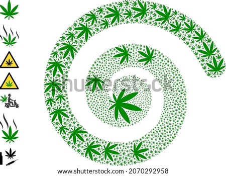 Marijuana icon spiral composition. Marijuana symbols are formed into spiral design concept. Object spiral done from randomized marijuana icons. Some similar icons are designed.