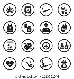 Marijuana Icons. Black Flat Design In Circle. Vector Illustration.