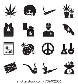Marijuana Icons. Black Flat Design. Vector Illustration. 