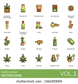 Marijuana Icons Including Drive Through, Cannabis Oil, Drink, Chocolate Bar, Stroopwafel Cookies, Preroll Joint, Cartridge, Seeds, Hand Pipe, Bong, Bubbler, Hookah, Dabbing, Tinctures, Ingestible.