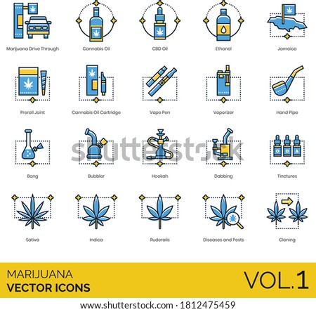 Marijuana icons including drive through, cannabis, cbd oil, ethanol, jamaica, preroll joint, cartridge, vape pen, vaporizer, hand pipe, bong, bubbler, hookah, tinctures, sativa, indica, ruderalis.