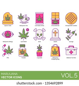 Iconos de marihuana que incluyen pastel espacial, té, bebida de cannabis, barra de chocolate, galletas stroopwafel, alergia, hierba abandonada, calavera, muerte, jeringa, píldora, polvo, cupcake, bolsa de compras.