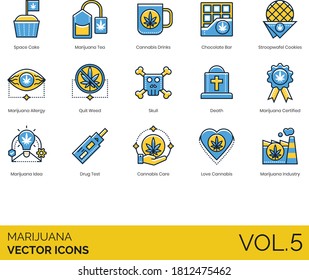 Iconos de marihuana que incluyen torta espacial, té, bebida de cannabis, barra de chocolate, galletas de estroopwafel, alergia, maleza, cráneo, muerte, certificado, idea, prueba de drogas, cuidado, amor, industria.