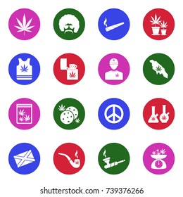 Marijuana Icons. White Flat Design In Circle. Vector Illustration. 
