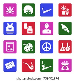 Marijuana Icons. White Flat Design In Square. Vector Illustration. 
