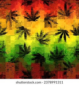 Diseño inspirado en la marihuana. Fondo de reggae con hojas de cannabis. Estilo de risografo vintage geométrico.
