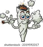 Marijuana joint cartoon character sparking up and smoking a fat doobie and blowing a smoke cloud 