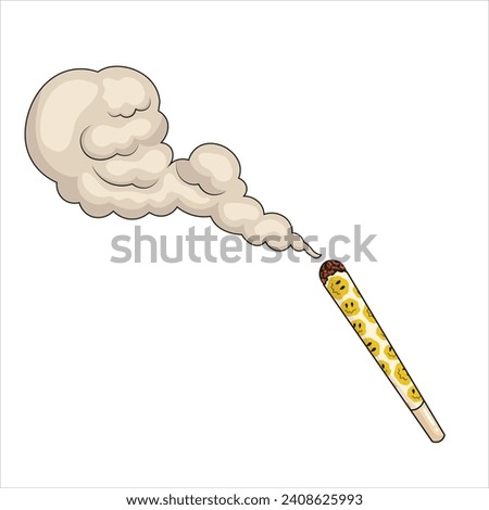 Marijuana joint isolated on white background. Spliff, smoking drug cigarette. Vector illustration. Joint with emoji print. Editable stroke.