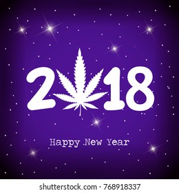 Marijuana leaf and 2018 year on dark  purple background with white snowflakes. Happy new year card. vector illustration