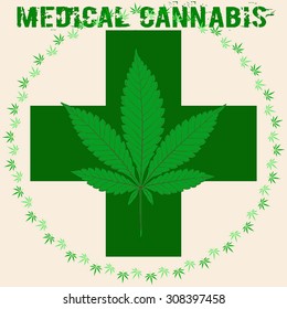 Marijuana leaf in abstract style with Green Cross and words Medical Cannabis