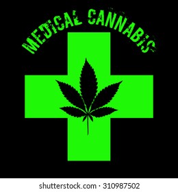 Marijuana leaf in abstract style with Green Cross and words Medical Cannabis