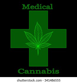 Marijuana leaf in abstract style with Green Cross and words Medical Cannabis