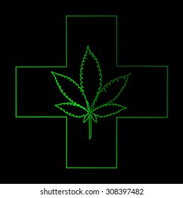 Marijuana leaf in abstract style with neon Green Cross