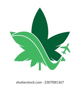 Marijuana leaf and air plane Vector logo combination. Hemp and airplane symbol or icon.